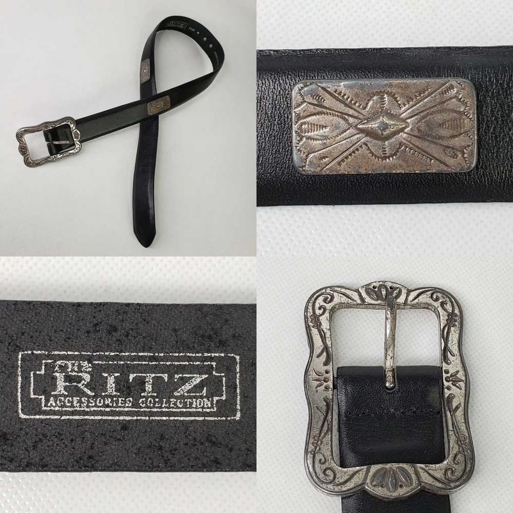 Vintage The Ritz Leather Belt Black Silver Western Buckle Women's Size Medium M